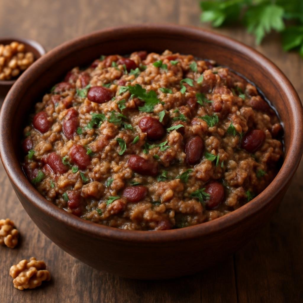 Entree: Russia – Southern Russia – Лобио ➤ Lobio (Hearty stewed red beans mashed with walnuts and fresh herbs, served warm) recipe