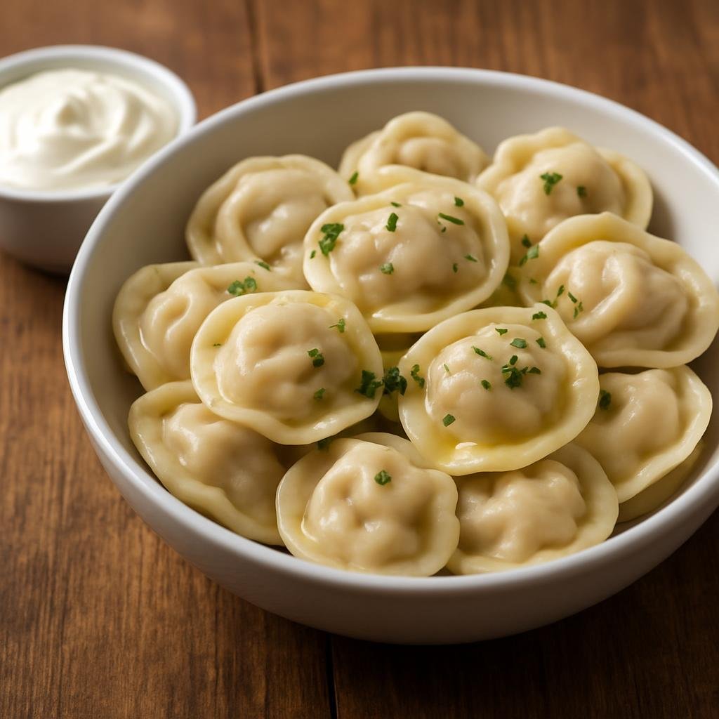 Entree: Russia – St. Petersburg & Northwest – Пельмени ➤ Pel'meni (Small Russian boiled meat dumplings traditionally served with butter, sour cream, or vinegar) recipe