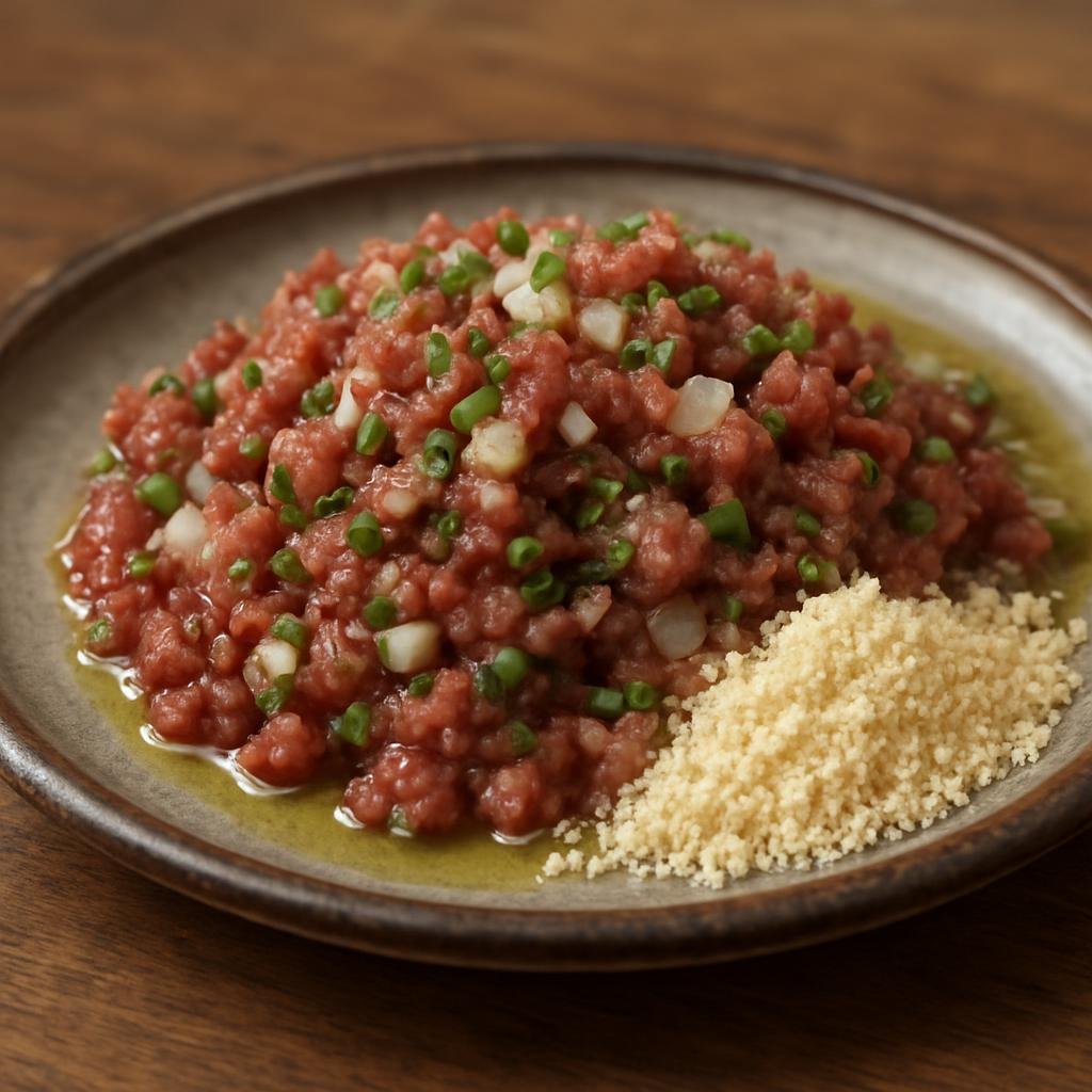 Entree: Brazil – Parana – Carne de Onça (Raw seasoned ground beef in the style of Brazilian tartare with onions, chives, olive oil, and cassava flour) recipe