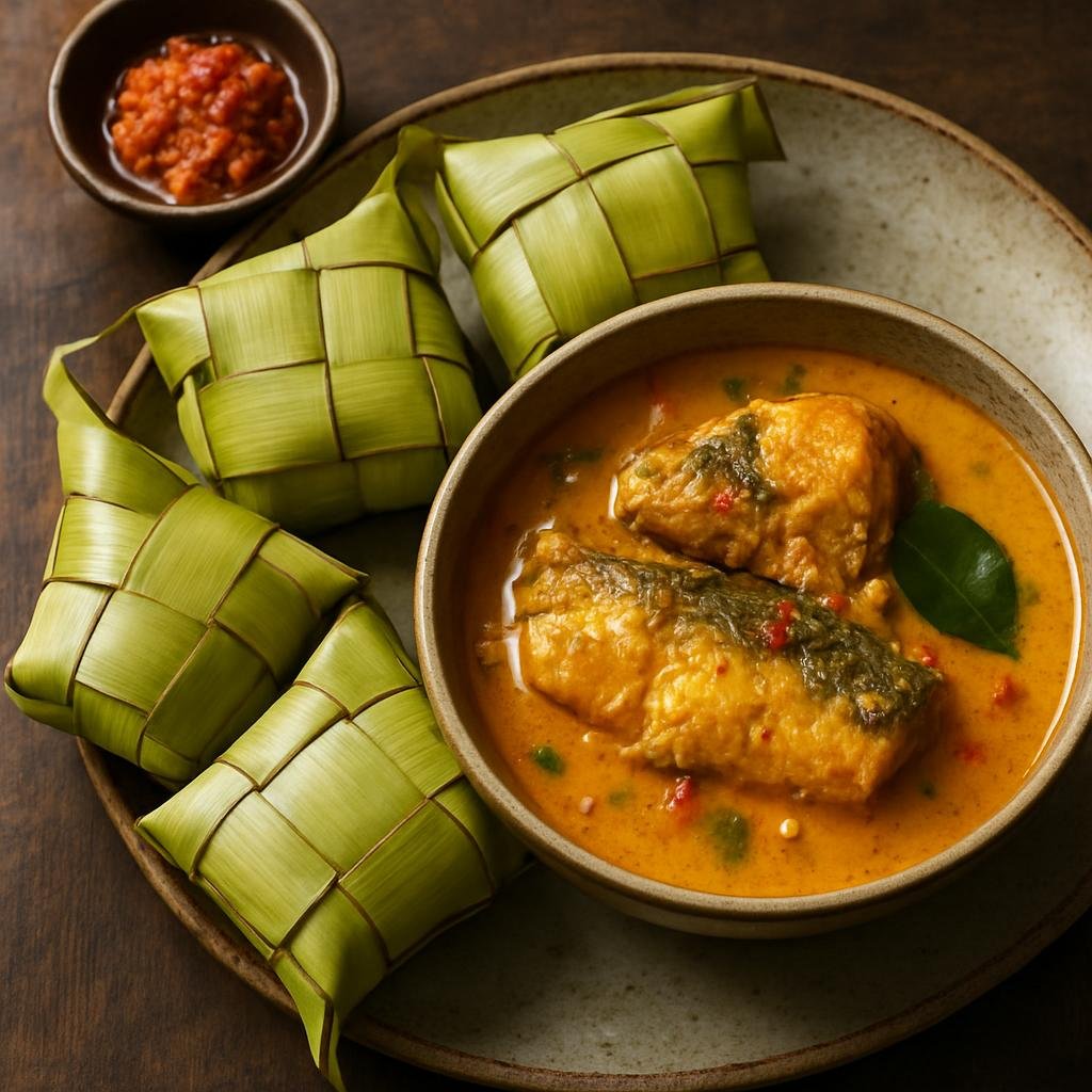 Entree: Indonesia – Kalimantan – Ketupat Kandangan (Steamed rice packed in woven leaf pouches served with a spicy coconut-milk fish curry from Kalimantan) recipe