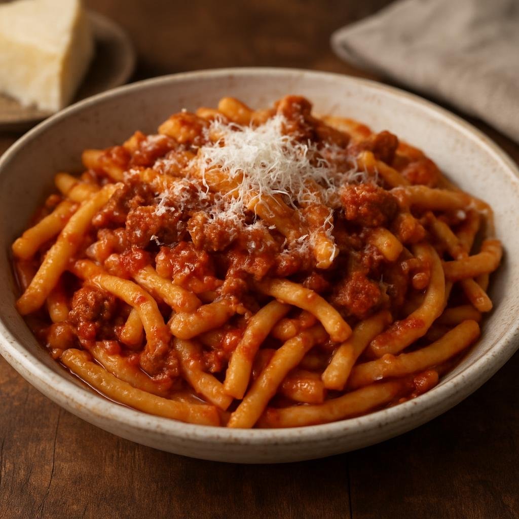 Entree: Italy – Molise – Pasta alla Molisana (Traditional Molise-style pasta with a rustic pork sausage and tomato ragù finished with Pecorino) recipe