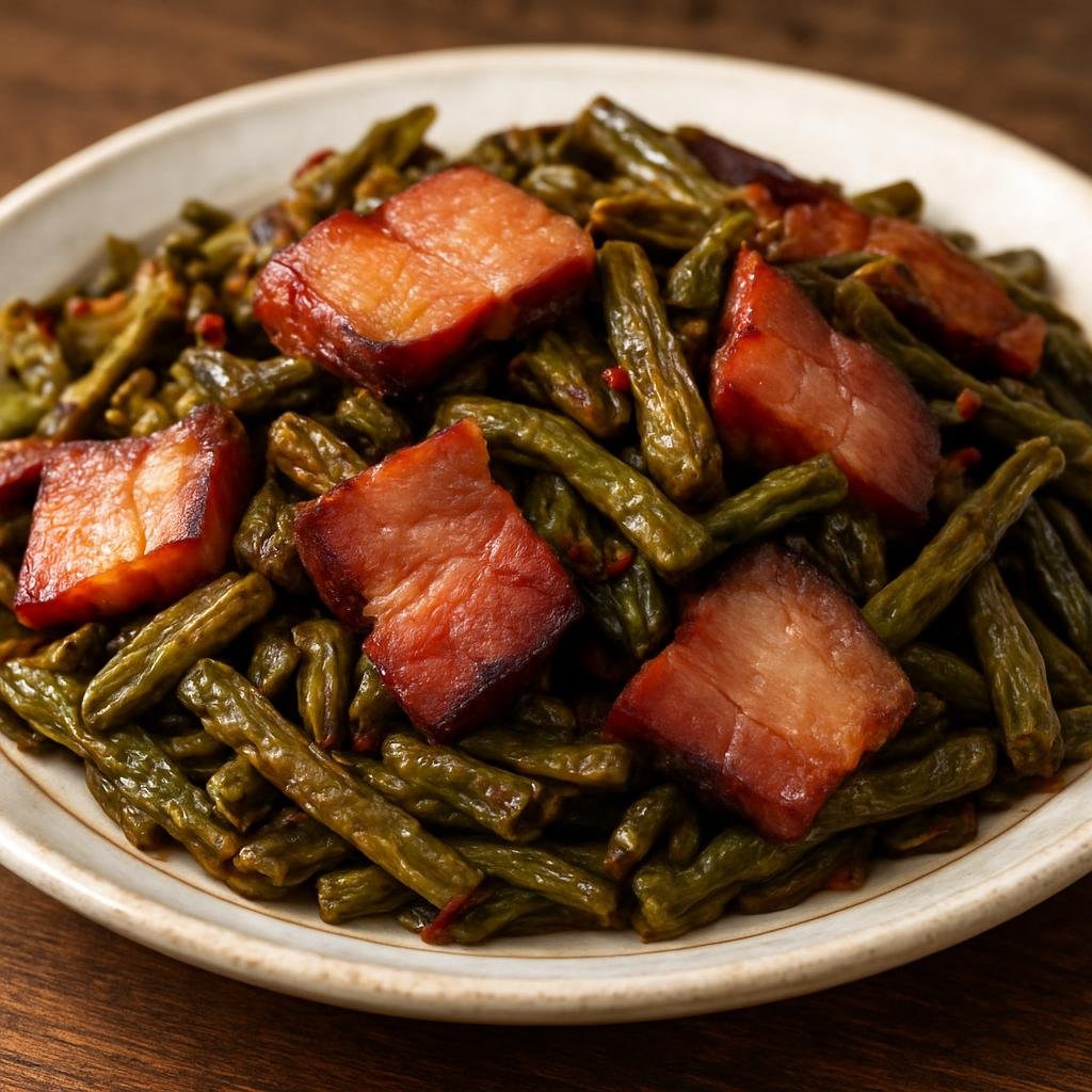 Entree: China – Hunan – 腊肉炒干豆角 ➤ Là ròu chǎo gān dòu jiǎo (Stir-fried Hunan smoked cured pork with rehydrated dried long beans) recipe