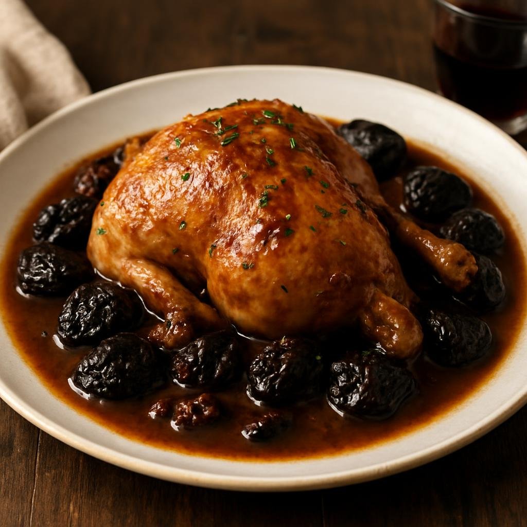 Entree: France – Gascony – Pintade aux Pruneaux (Guinea fowl braised with prunes in a richly flavored red wine and Armagnac sauce) recipe