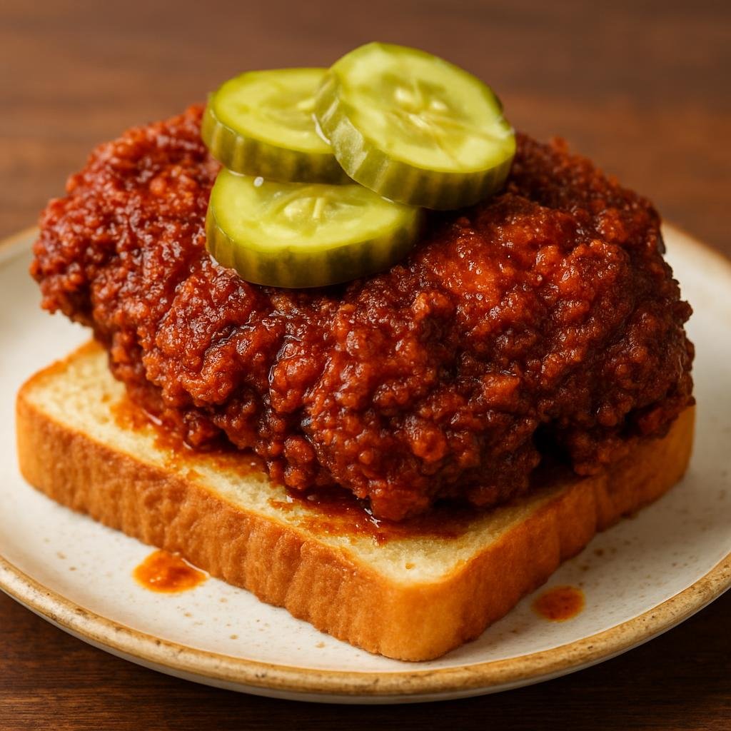 Entree: United States – Deep South – Nashville Hot Chicken (Crisply fried, spicy-sweet cayenne oil–glazed southern fried chicken served traditionally on white bread with pickles) recipe