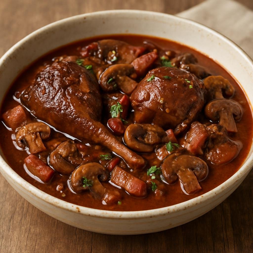 Entree: France – Gascony – Civet de Lièvre (Slow-braised Gascon hare stew in red wine with bacon and mushrooms) recipe