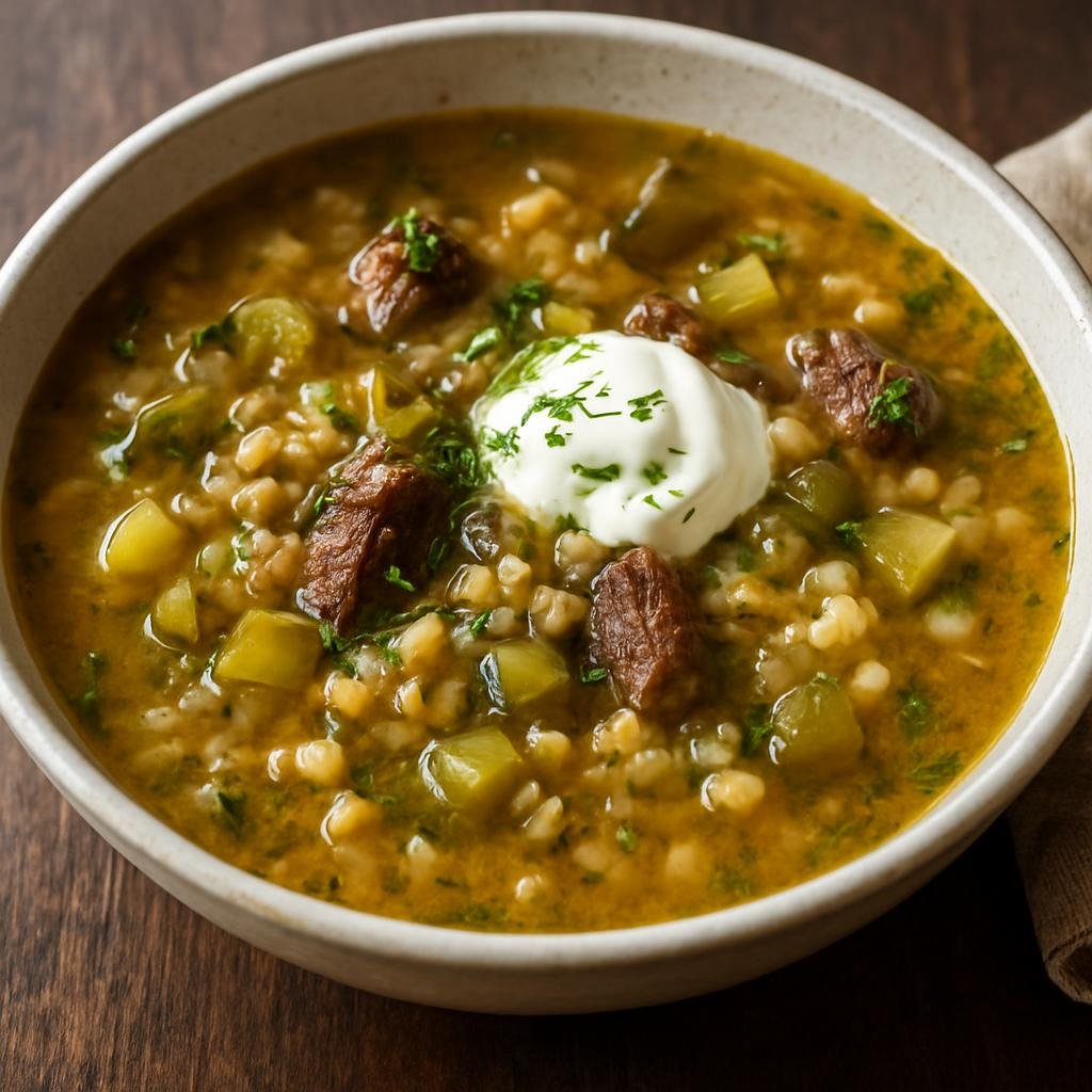 Entree: Russia – St. Petersburg & Northwest – Рассольник ➤ Rassolnik (A sour-salty pearl barley soup made with pickled cucumber brine and beef) recipe