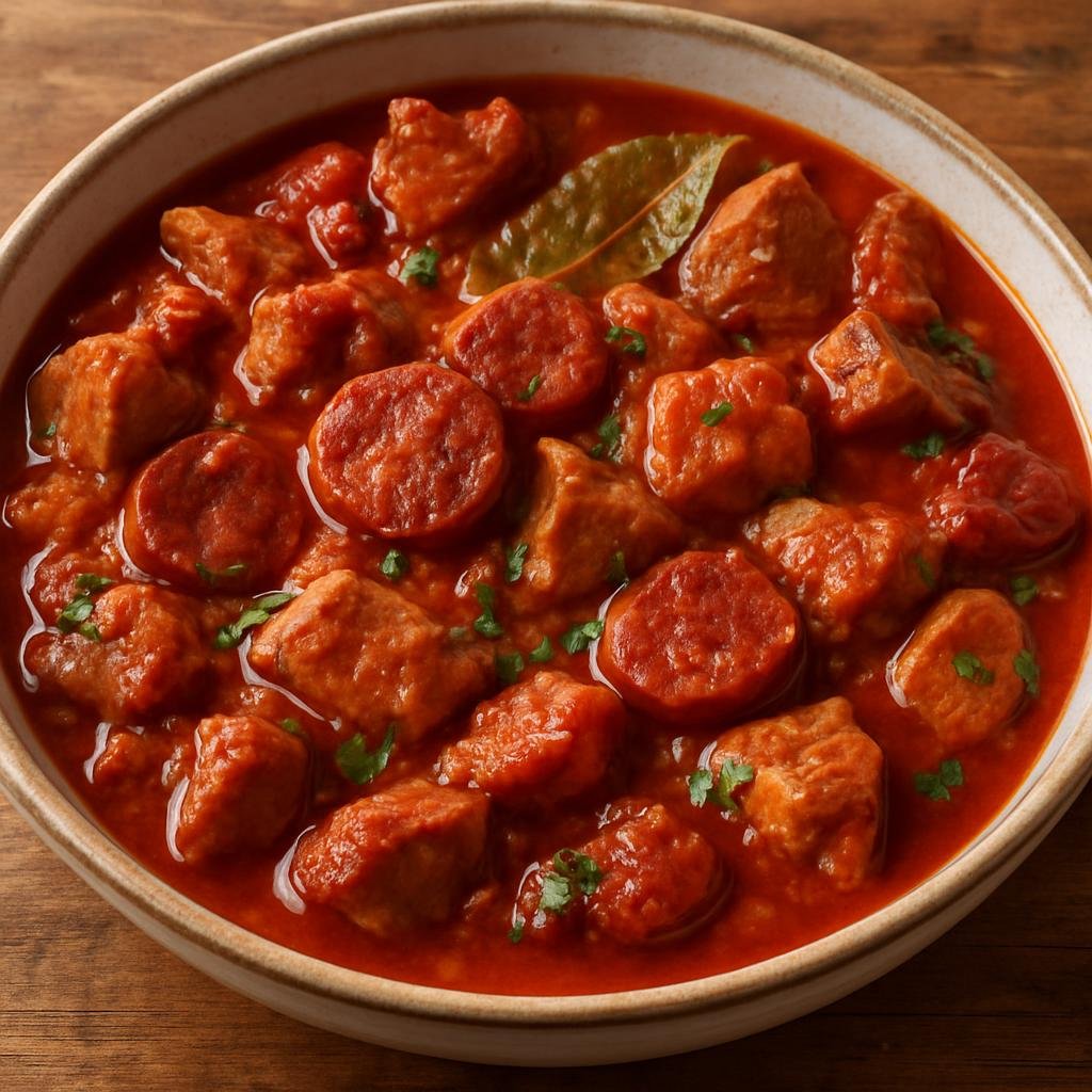 Entree: Spain – Madrid & Castile – Carcamusa (A hearty pork and chorizo stew flavored with tomato and wine, traditional to Madrid) recipe
