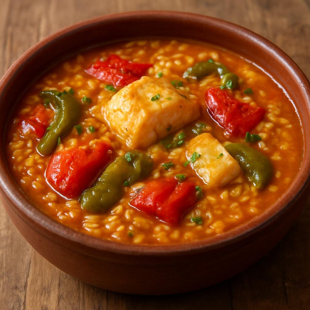 Entree: Spain – Murcia – Caldero Murciano (Murcian fishermen's cauldron of rice cooked in a savory fish broth with local peppers and tomato) recipe