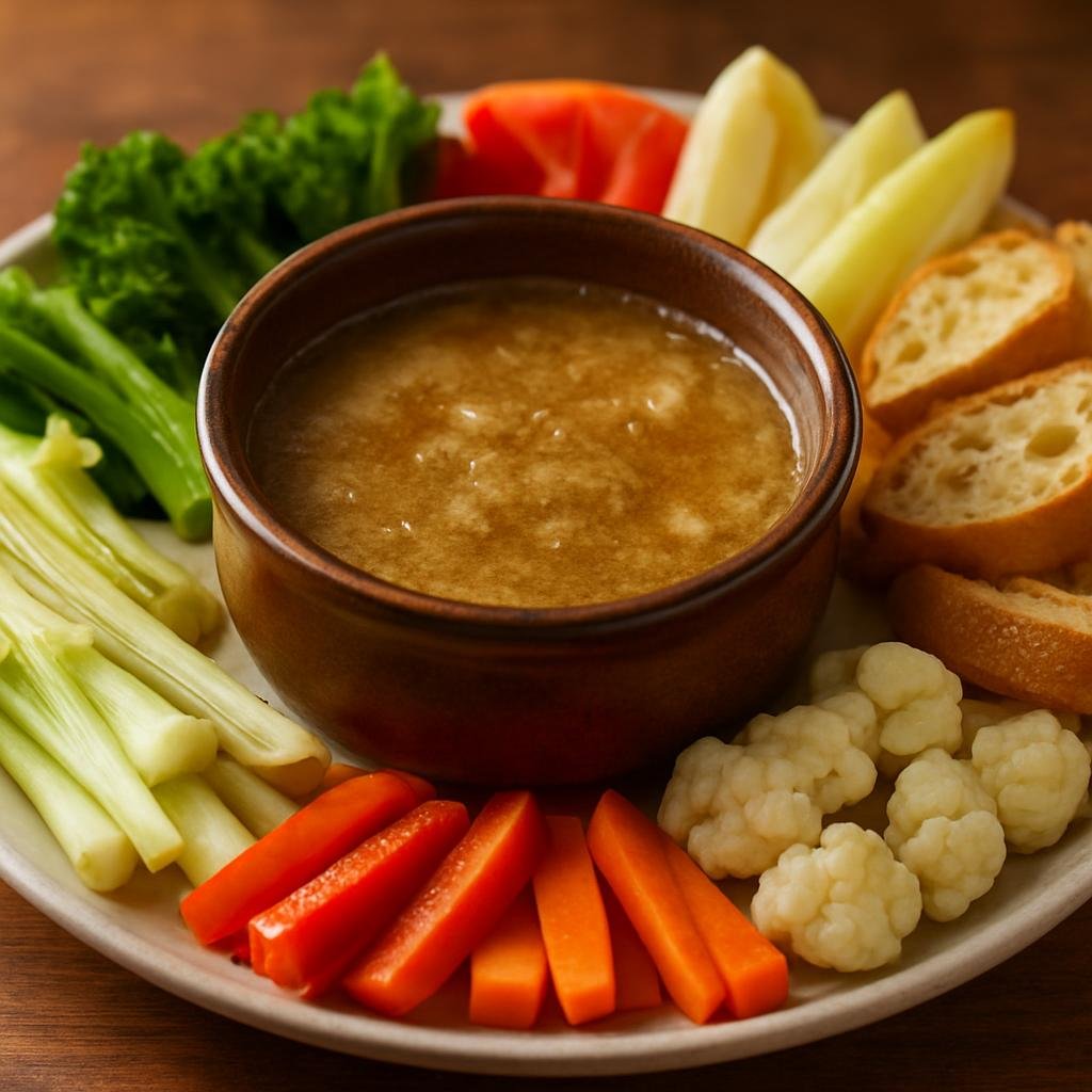 Entree: Italy – Piedmont – Bagna Cauda (Warm Piedmontese garlic and anchovy dipping sauce served hot with raw and blanched vegetables and bread) recipe