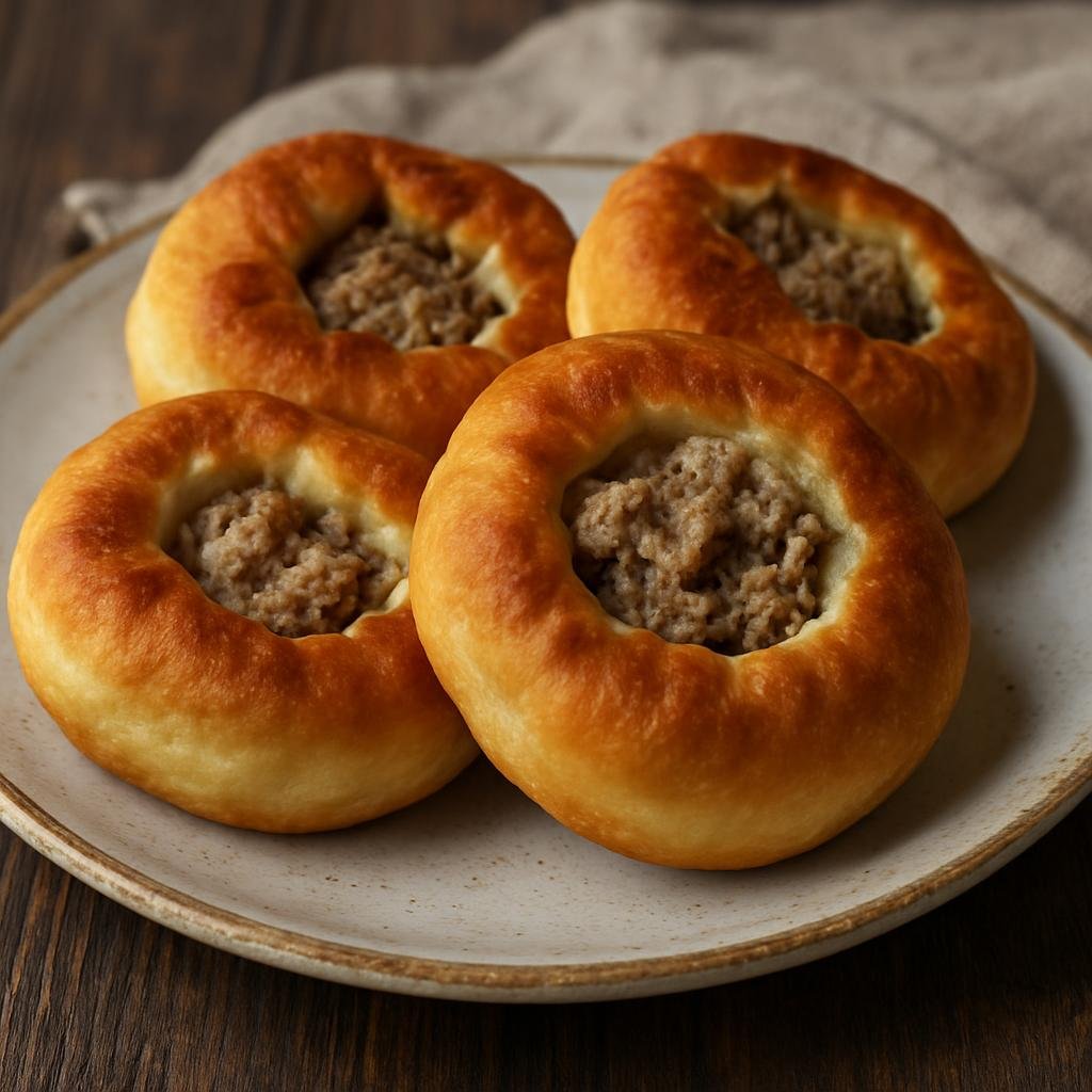 Entree: Russia – Tatar Cuisine – пәрәмәч ➤ pärämäç (Tatar meat-filled round pastry with an open top, traditionally fried or baked and served hot) recipe