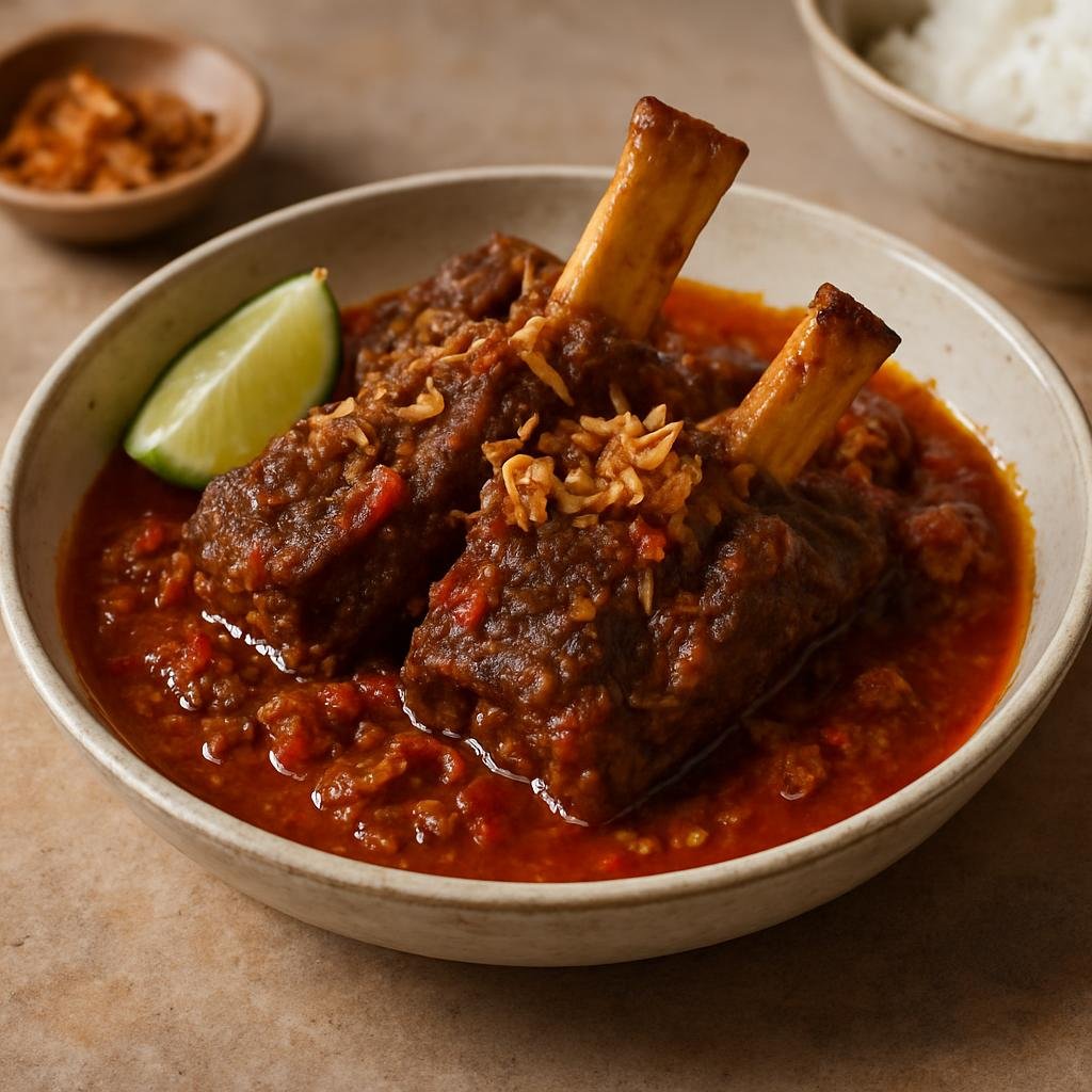 Entree: Indonesia – Lombok – Bebalung (Spicy Lombok-style braised beef short ribs in aromatic coconut-chili sauce) recipe