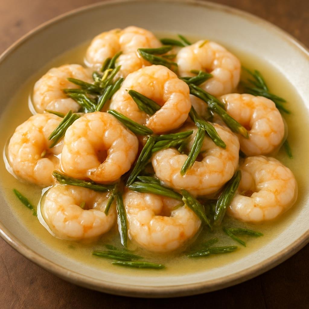 Entree: China – Zhejiang – 龙井虾仁 ➤ Lóngjǐng xiārén (Lightly stir‑fried shrimp cooked with Longjing Dragon Well green tea in a delicate silky sauce) recipe
