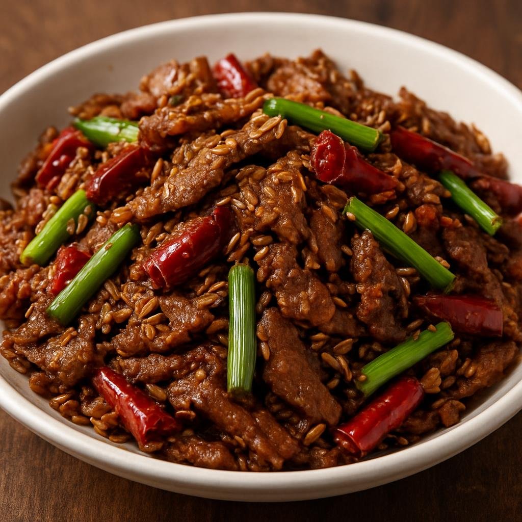 Entree: China – Inner Mongolia – 孜然羊肉 ➤ Zīrán yángròu (Wok-fried thinly sliced lamb tossed with toasted cumin seeds, dried chilies and scallions) recipe