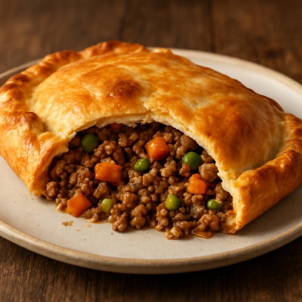 Entree: Spain – Murcia – Pastel de Carne (Baked Murcian meat pie of seasoned ground meat, vegetables and pastry) recipe
