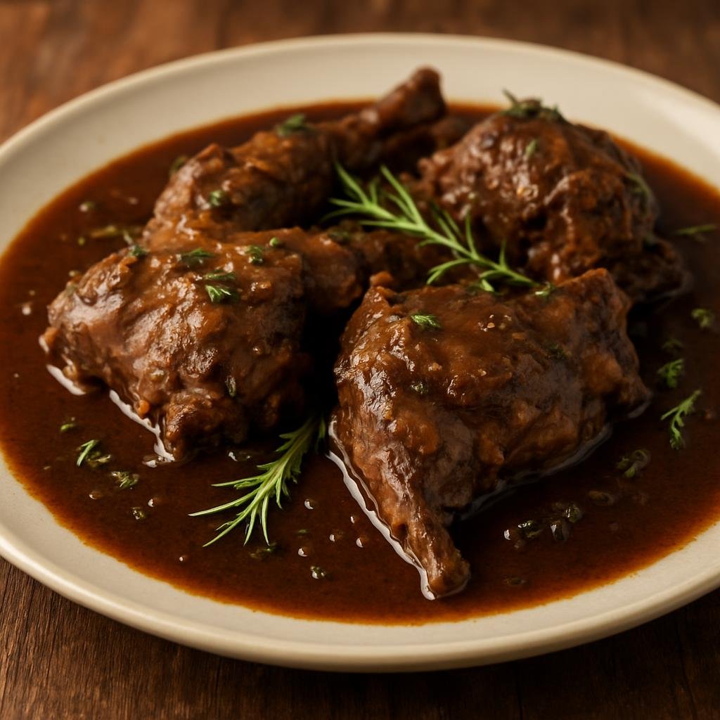Entree: Italy – Piedmont – Coniglio al Civet (Rabbit slowly braised in a rich red-wine and herb sauce typical of Piedmont) recipe