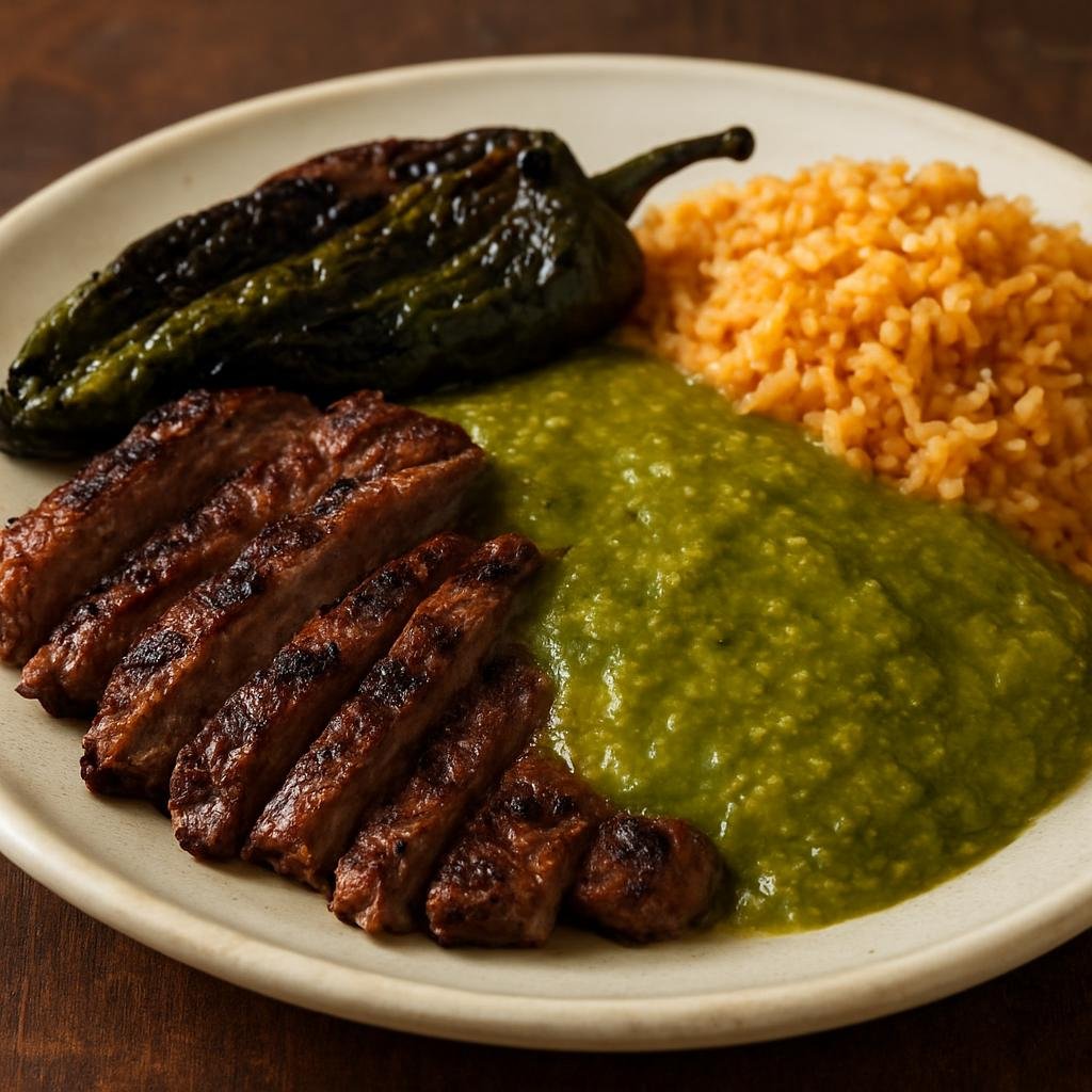 Entree: Mexico – Puebla – Carne Asada a la Poblana (Grilled marinated beef served with a roasted poblano pepper sauce) recipe