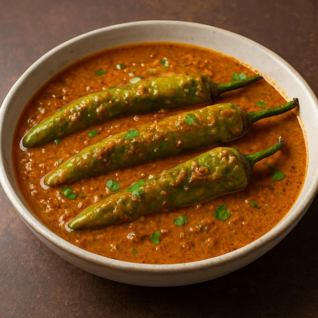Entree: India – Hyderabad / Telangana – मिर्ची का सालन ➤ Mirchi Ka Salan (Tangy Hyderabadi green-chili curry in a rich peanut-sesame-coconut and tamarind gravy) recipe
