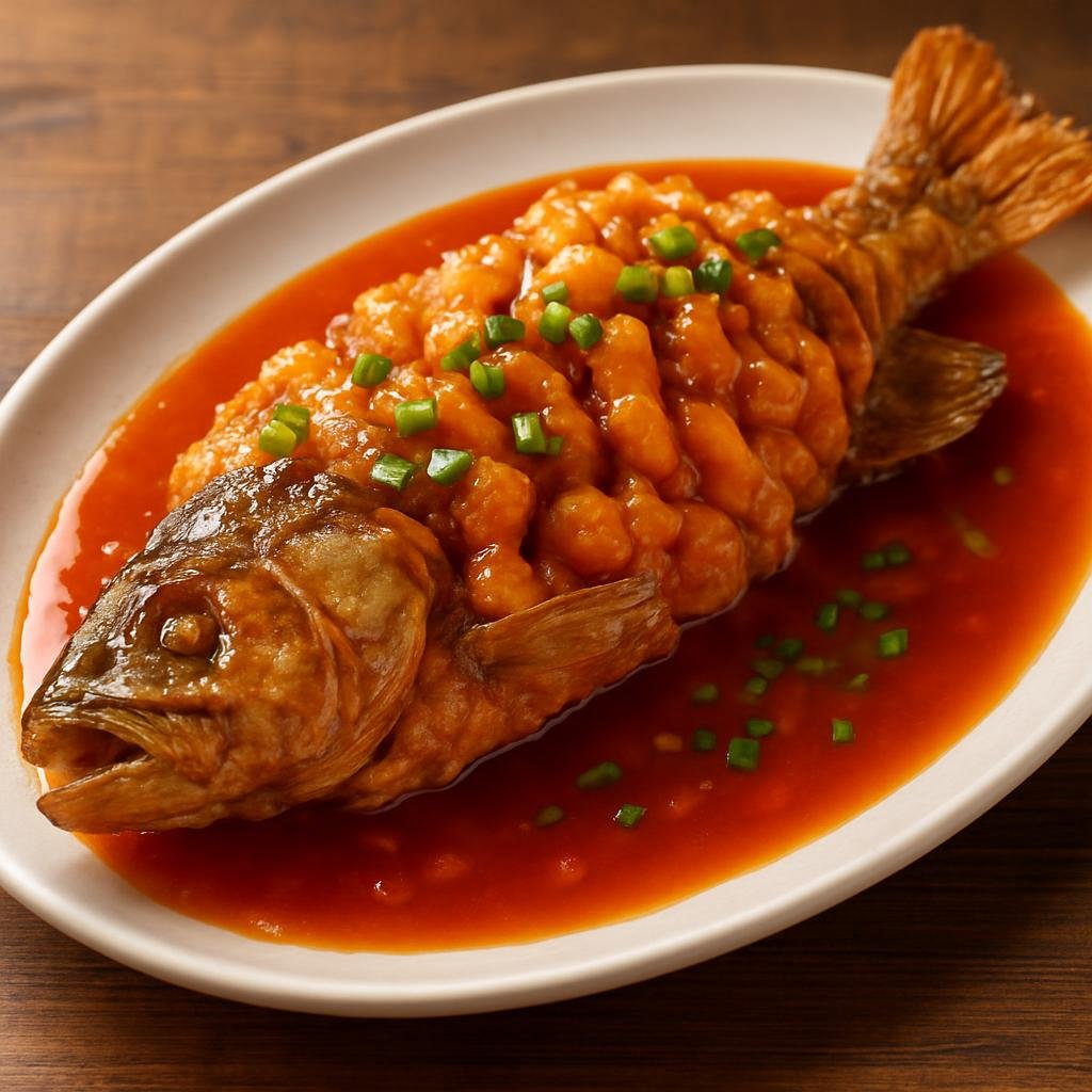 Entree: China – Jiangsu – 松鼠桂鱼 ➤ Sōngshǔ Guìyú (Whole freshwater fish carved and deep-fried then coated in a bright sweet-and-sour sauce) recipe