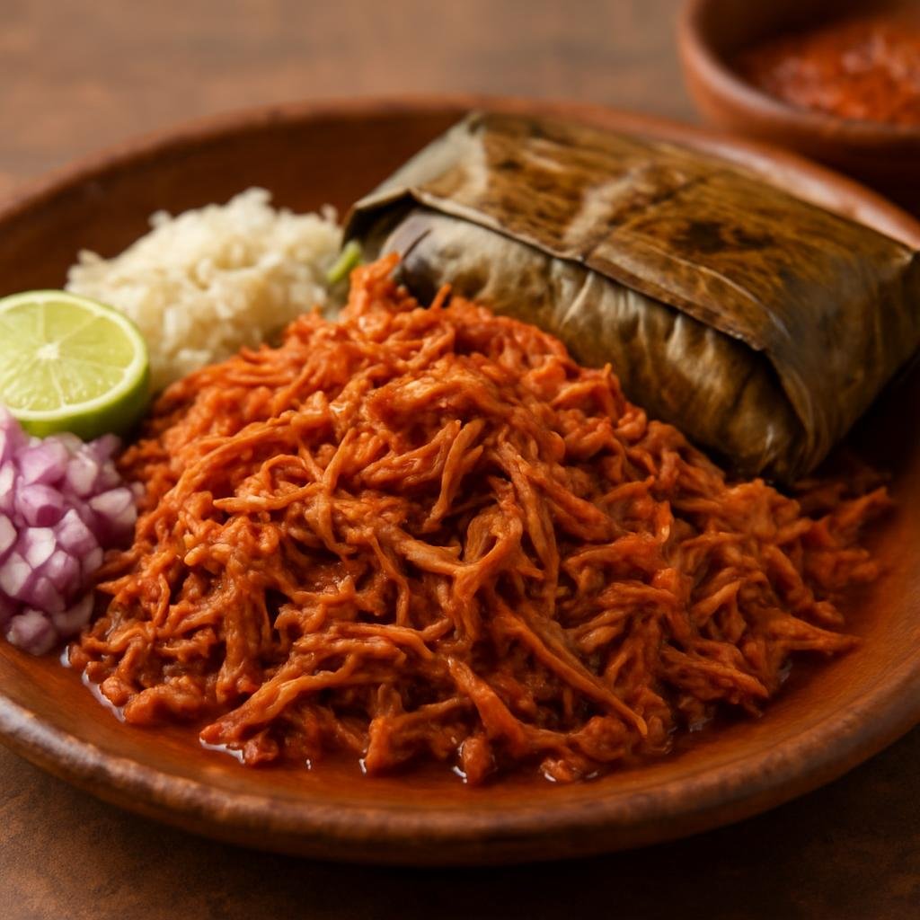 Entree: Mexico – Quintana Roo / Caribbean Coast – Cochinita Pibil (Slow-roasted achiote-marinated pork traditionally wrapped in banana leaves and served shredded) recipe