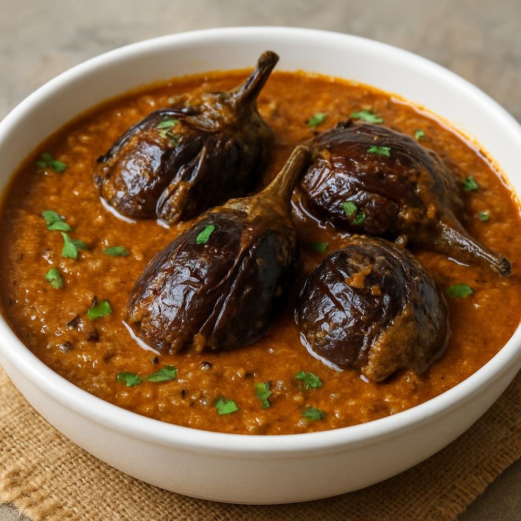 Entree: India – Hyderabad / Telangana – बागरा बैंगन ➤ Bagara Baingan (Hyderabadi baby eggplants braised in a rich sesame–peanut–coconut spiced gravy) recipe