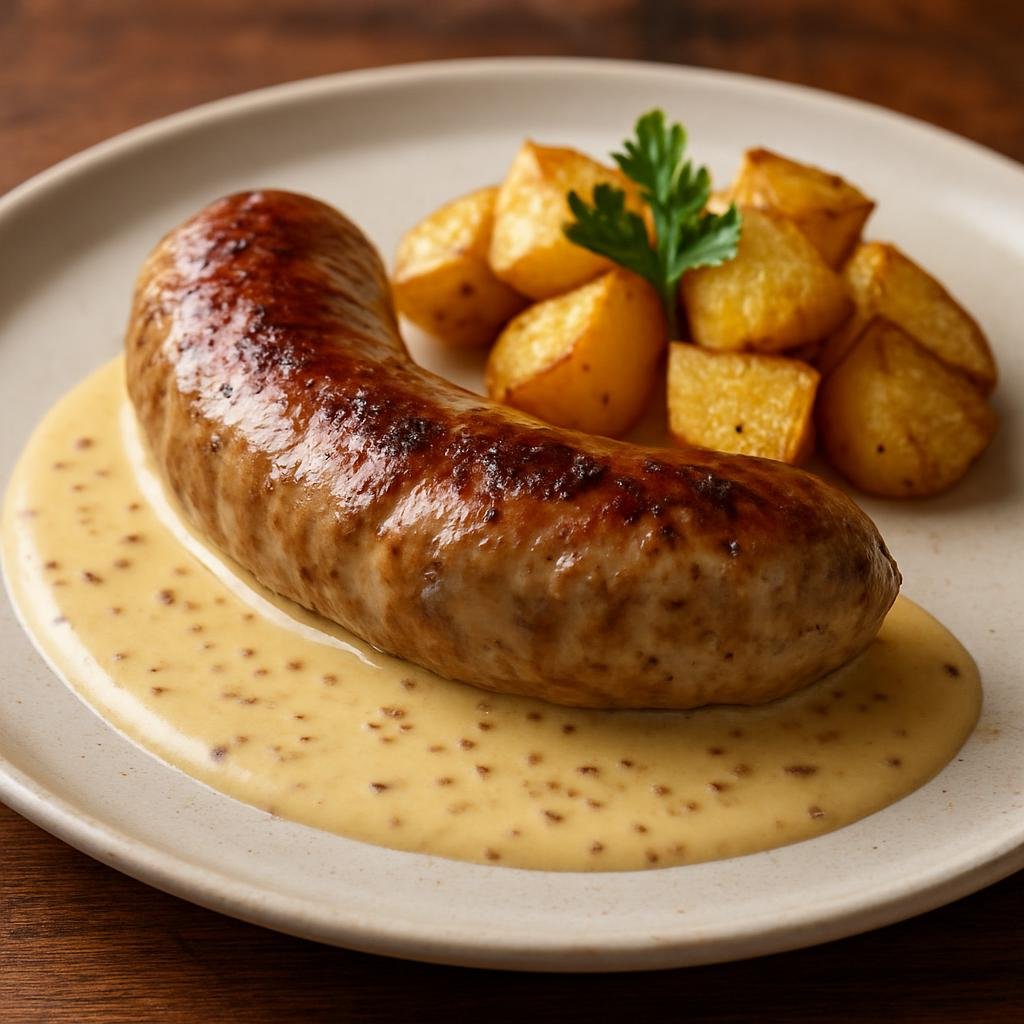 Entree: France – Loire Valley – Andouillette de Jargeau (Coarse pork-and-intestine sausage from Jargeau, pan-seared and served with a mustard cream sauce) recipe