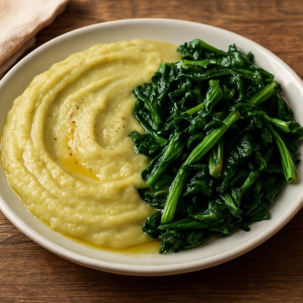 Entree: Italy – Puglia – Fave e Cicoria (Creamy broad fava bean purée served with sautéed bitter chicory greens) recipe