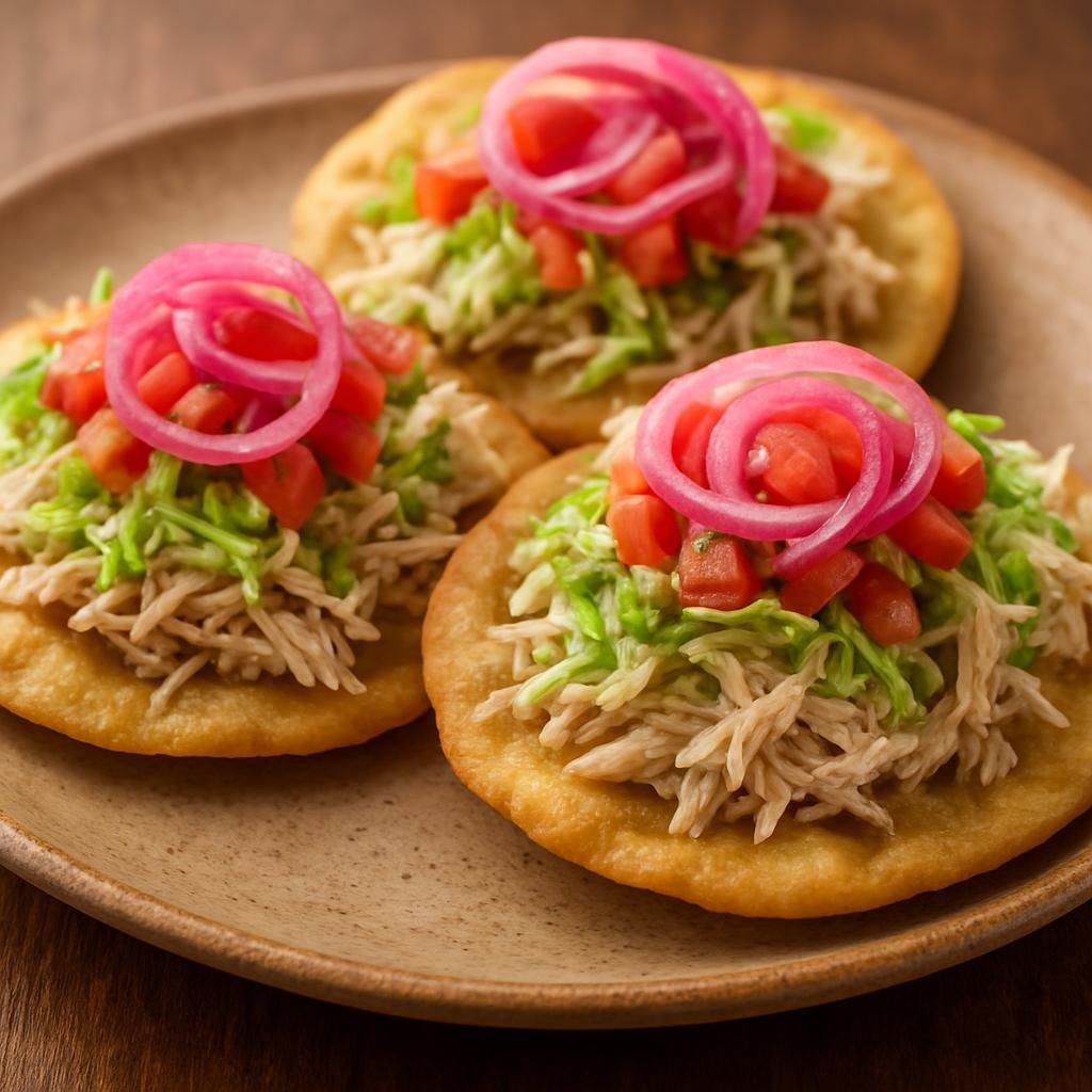 Entree: Mexico – Quintana Roo / Caribbean Coast – Salbutes (Puffed fried corn tortillas topped with shredded poultry, lettuce, tomato, and pickled red onion) recipe