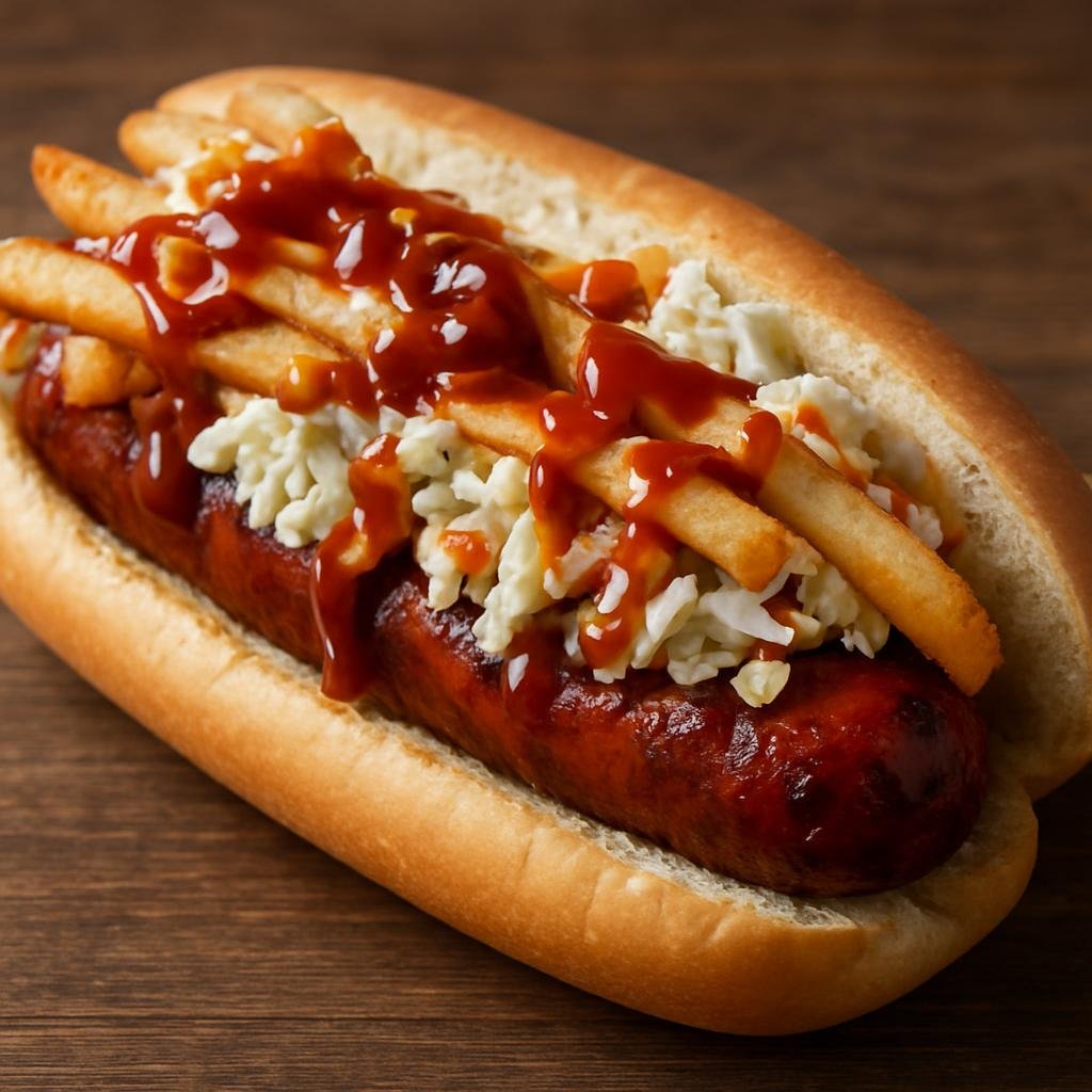 Entree: United States – Great Lakes – Cleveland Polish Boy (Hearty sandwich of grilled or fried Polish sausage in a roll topped with French fries, coleslaw, and barbecue sauce) recipe