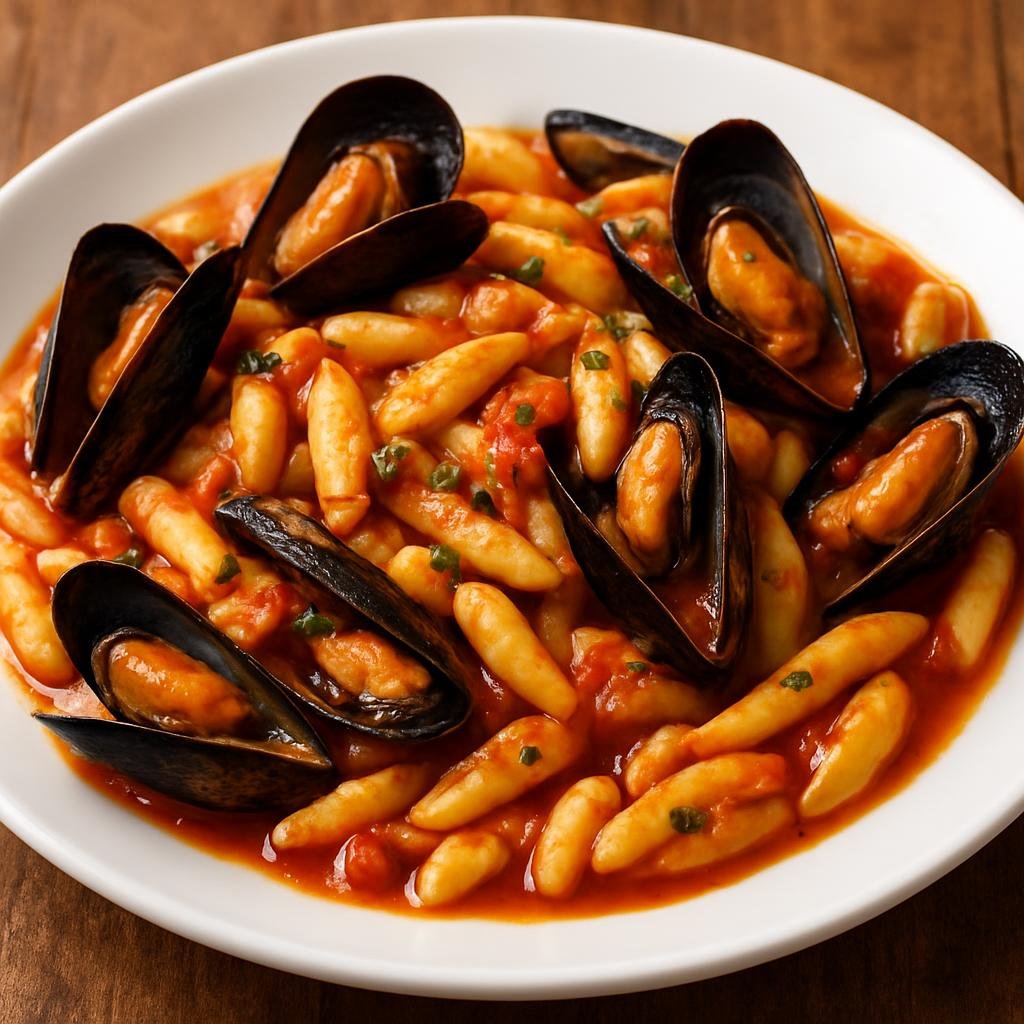 Entree: Italy – Puglia – Cavatelli con Cozze (Small ear-shaped pasta tossed with fresh mussels in a garlicky tomato and white wine sauce) recipe