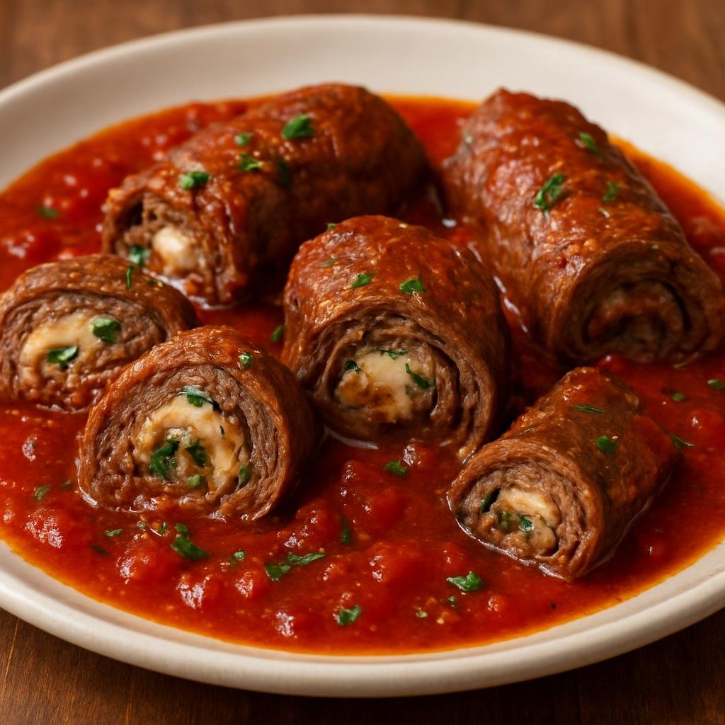 Entree: Italy – Puglia – Braciole (Thin slices of beef rolled with cheese and herbs then simmered in tomato sauce) recipe