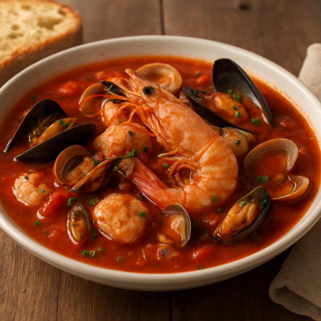 Entree: Italy – Puglia – Zuppa di Pesce alla Gallipolina (Gallipoli-style mixed seafood soup in a tomato and wine broth) recipe