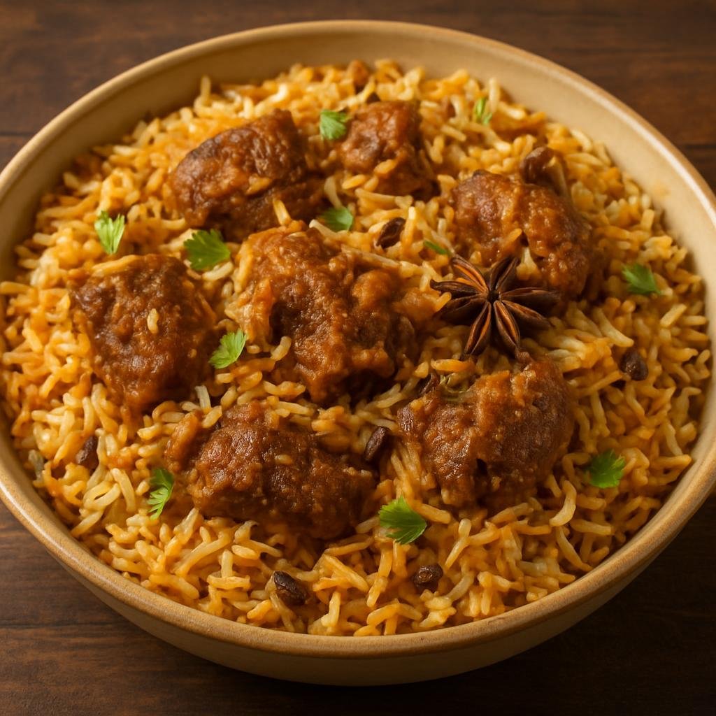 Entree: India – Hyderabad / Telangana – کچی گوشت کی بریانی ➤ Kacchi Gosht ki Biryani (A layered slow-cooked biryani of raw-marinated meat cooked with basmati rice and aromatic spices) recipe