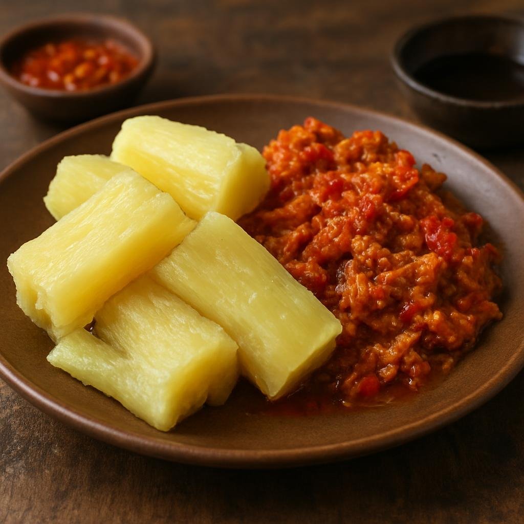 Entree: Indonesia – Maluku – Kasbi Rebus (Boiled cassava tuber served as a staple, traditionally paired with a spicy Maluku-style tuna and chili sauce) recipe