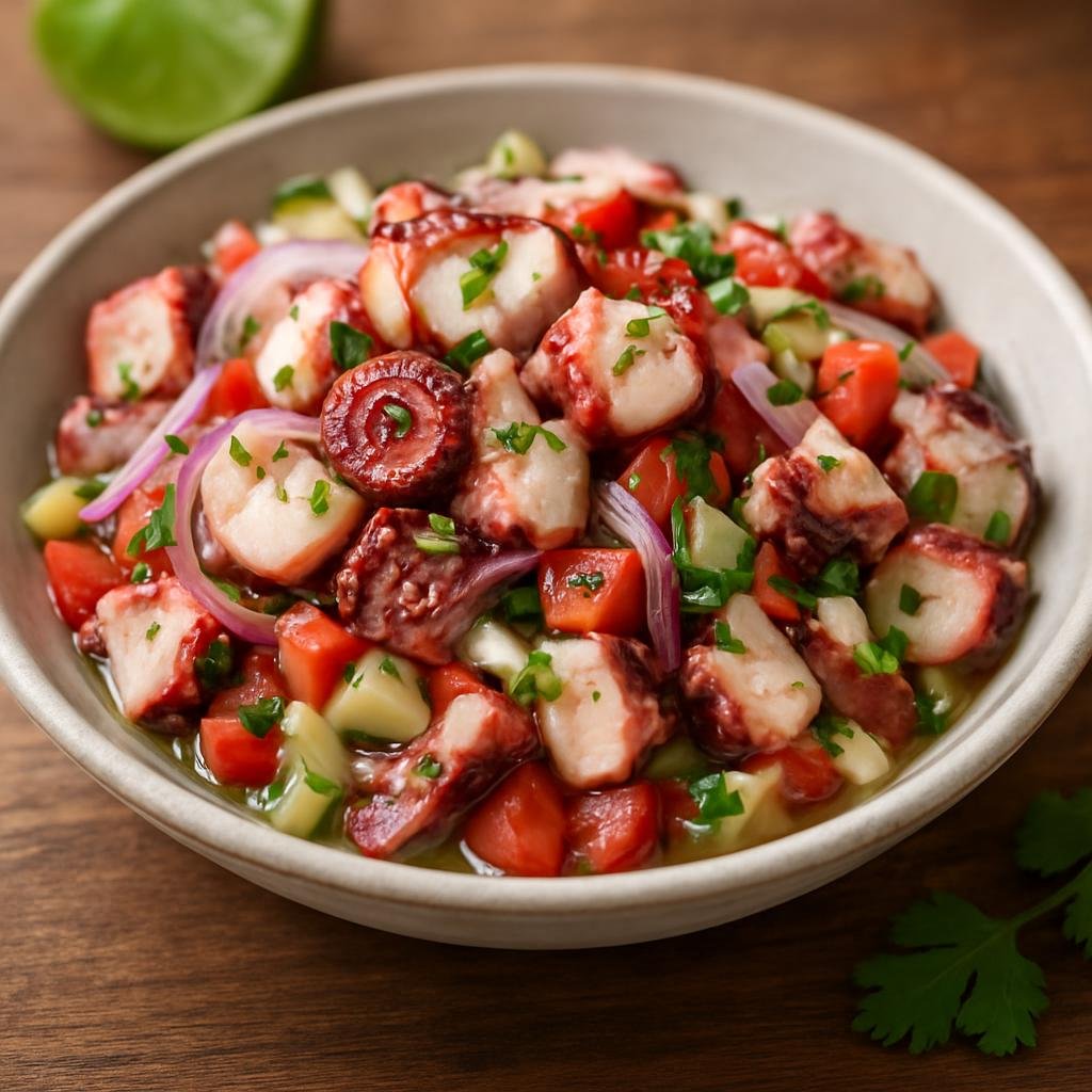 Entree: Mexico – Quintana Roo / Caribbean Coast – Ceviche de Pulpo (Marinated cooked octopus tossed with citrus, onion, herbs, and fresh vegetables) recipe