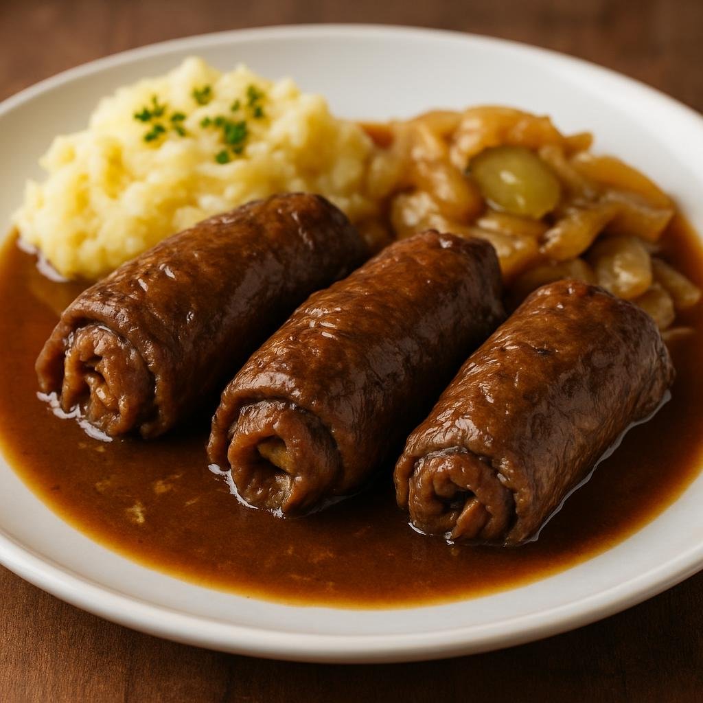 Entree: Germany – Westphalia – Westfälische Rinderroulade (Thin beef rolls stuffed with bacon, mustard, onions, and pickles, braised in a rich gravy) recipe