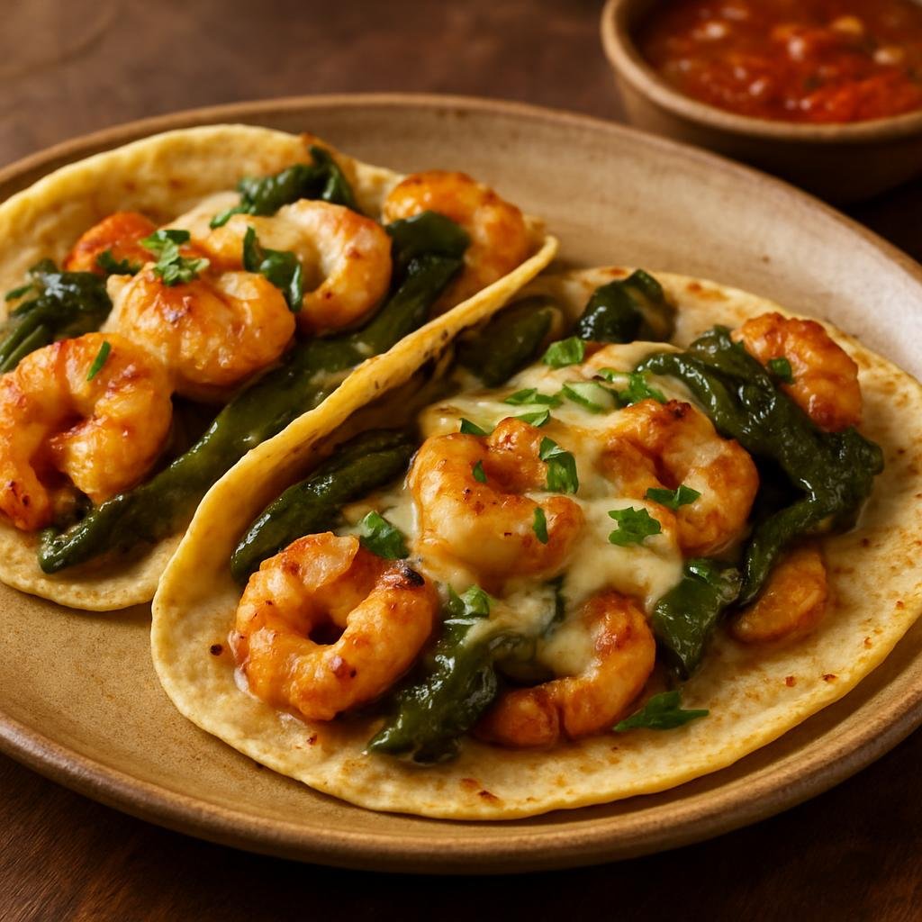 Entree: Mexico – Sinaloa & Pacific Coast – Tacos Gobernador (Sinaloan-style tacos of sautéed shrimp with roasted poblano pepper and melted cheese) recipe