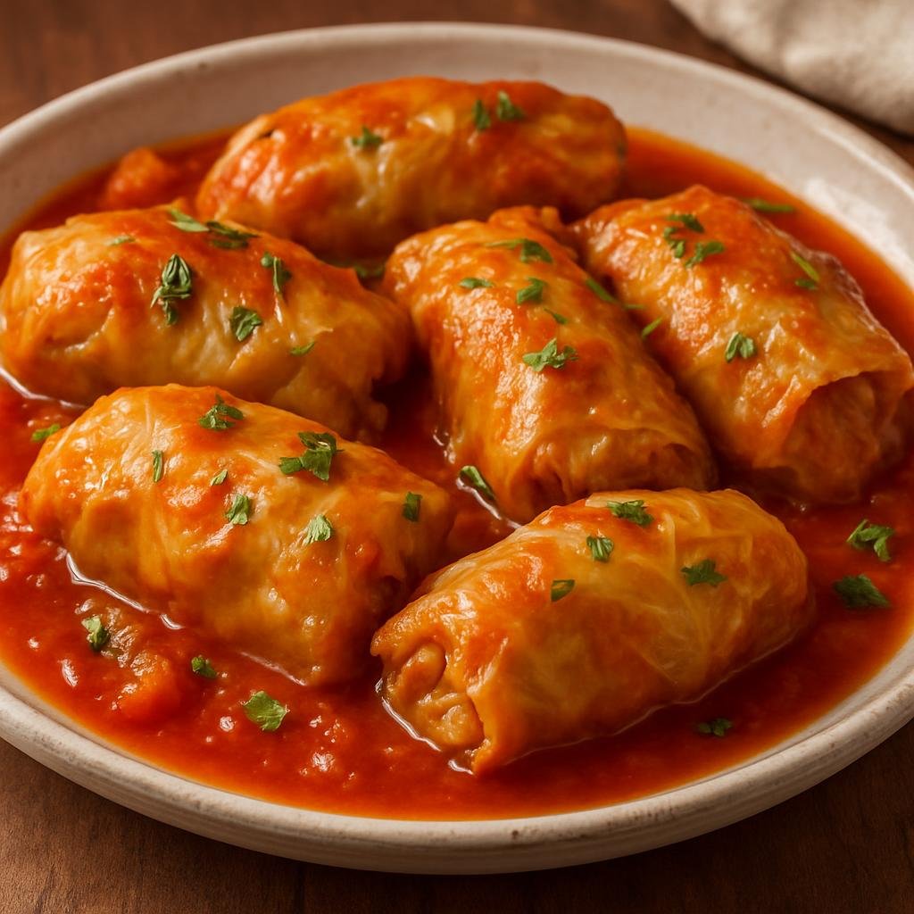 Entree: Russia – Western Siberia – голубцы ➤ golubtsy (Cabbage leaves stuffed with seasoned meat and rice simmered in a tomato-based sauce) recipe