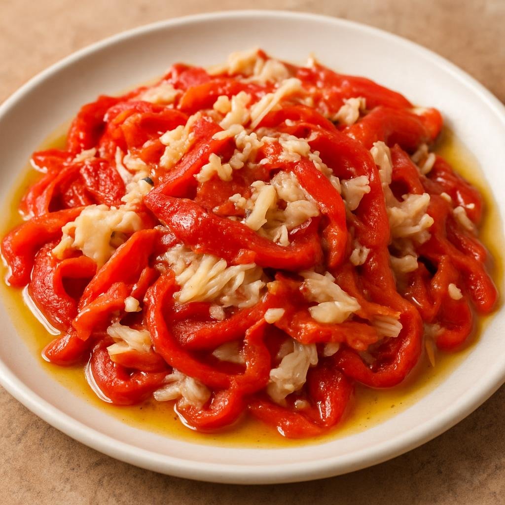 Entree: Spain – Valencia – Esgarraet (Roasted red peppers and shredded salted cod dressed with garlic and olive oil) recipe