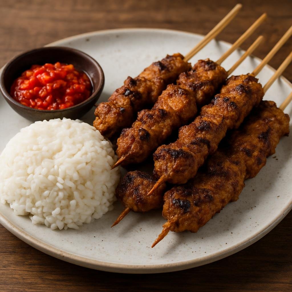 Entree: Indonesia – Manado / North Sulawesi – Sate Kolombi (Manado-style skewered pork marinated in a spiced coconut-based paste and grilled, served with fresh spicy sambal and rice) recipe