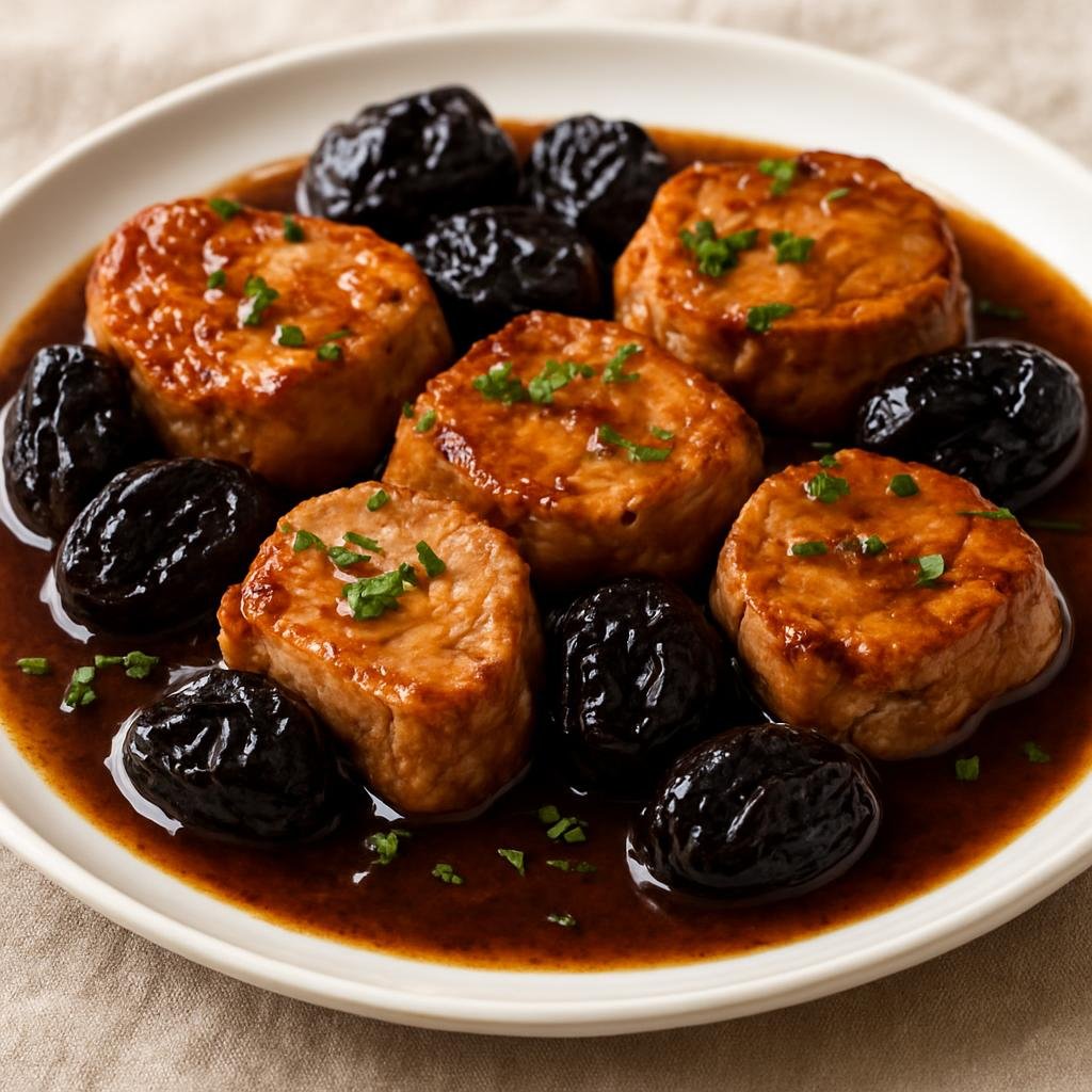Entree: France – Lorraine – Filet Mignon de Porc aux Pruneaux (Pork tenderloin medallions braised with prunes in a sweet-savory Lorraine-style sauce) recipe
