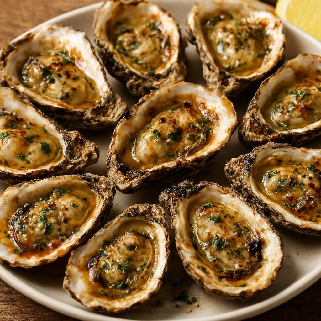 Entree: United States – Gulf Coast – Grilled Oysters (Chargrilled Gulf Coast oysters topped with a garlic-herb butter and savory seasonings) recipe