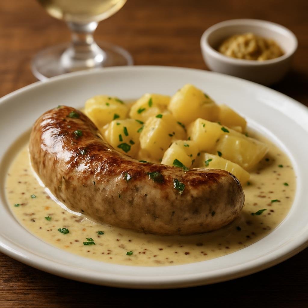 Entree: France – Lyonnais – Andouillette (Coarse pork and tripe sausage pan-fried and served with a white wine and mustard sauce) recipe