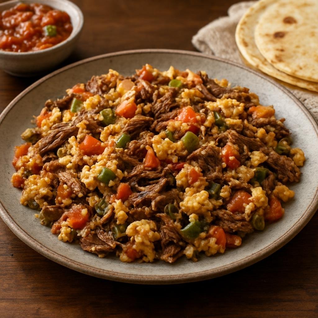 Entree: Mexico – Sonora – Machaca con Huevos (Scrambled eggs cooked with rehydrated shredded dried beef, tomatoes, onions and chiles, a hearty Sonoran breakfast-style main) recipe