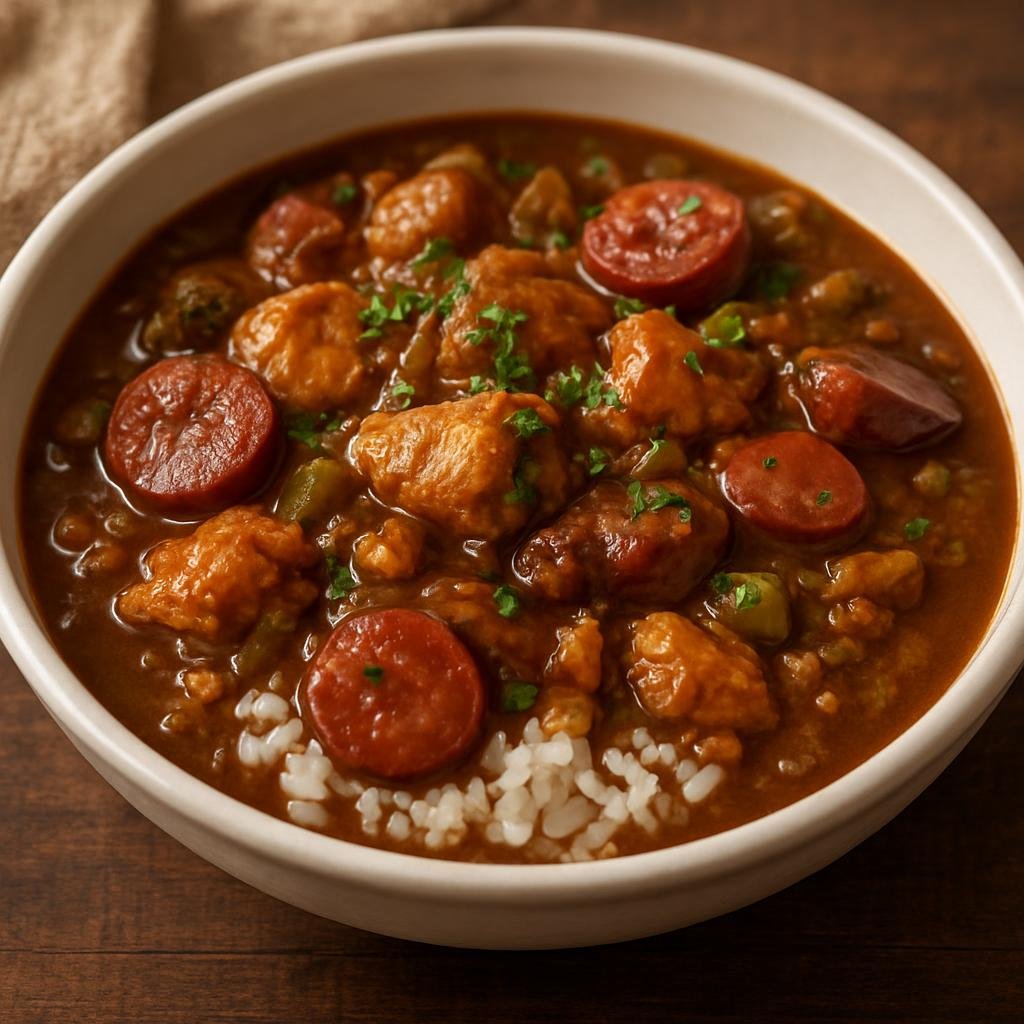 Entree: United States – Gulf Coast – Chicken and Sausage Gumbo (Hearty Louisiana-style stew of chicken and smoked sausage in a dark roux, served over rice) recipe