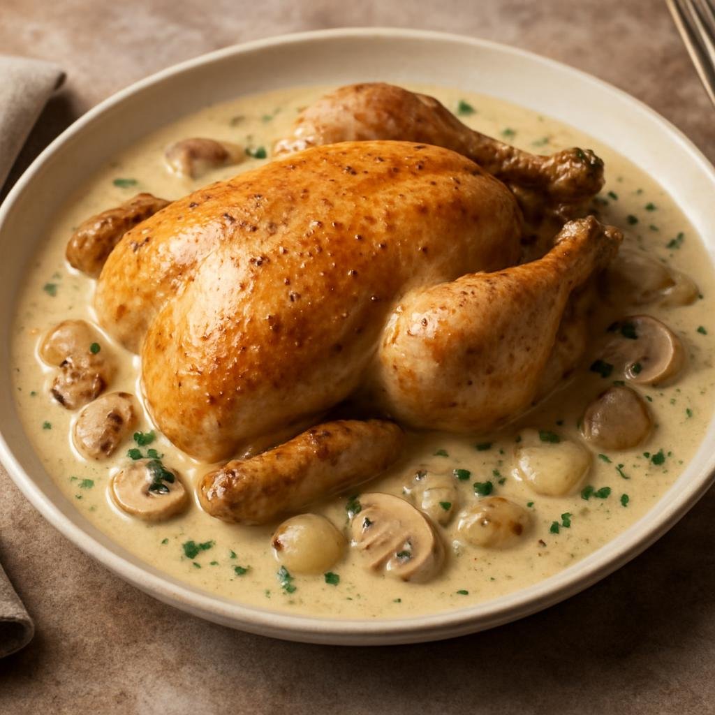 Entree: France – Lyonnais – Poulet de Bresse à la Crème (Classic Bresse chicken braised and finished in a rich white-wine and cream sauce) recipe