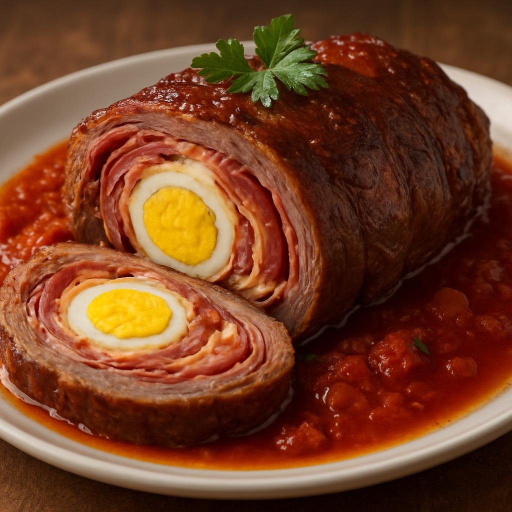 Entree: Italy – Sicily – Falsomagro (Sicilian rolled and stuffed beef roast braised in tomato and wine, filled with cured meats, cheese, and hard-boiled eggs) recipe