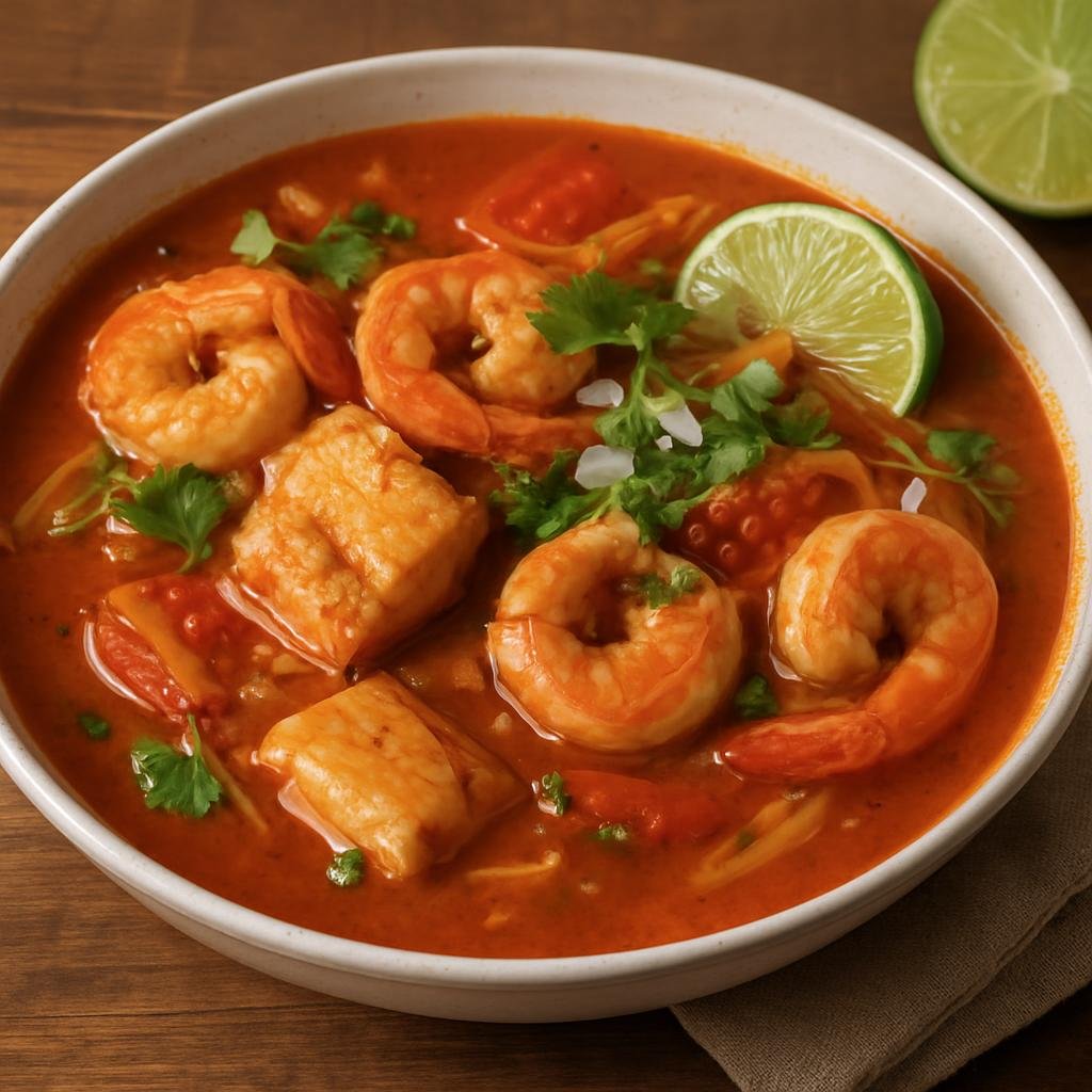 Entree: Mexico – Sonora – Cahuamanta (A Sonoran seafood stew of fish and shrimp simmered in a light tomato-based broth and served with lime and fresh garnishes) recipe