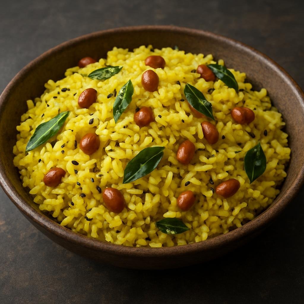 Entree: India – Interior Karnataka – ಚಿತ್ರ ಅನ್ನ ➤ Chitranna (Karnataka-style lemon turmeric rice tempered with mustard seeds, peanuts, and curry leaves) recipe