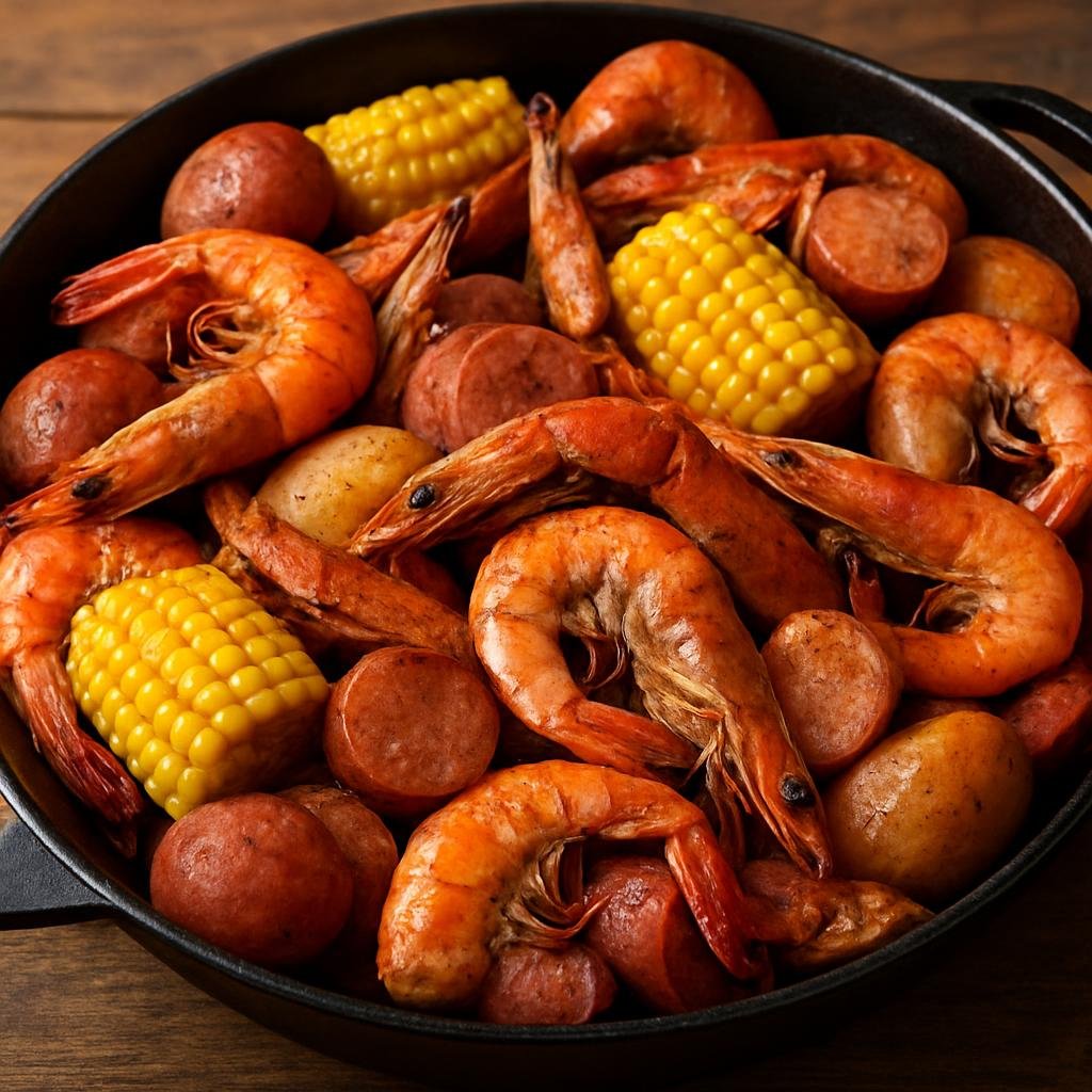Entree: United States – Gulf Coast – Seafood Boil (A communal one-pot meal of boiled shellfish, potatoes, corn, and sausage seasoned with bold Gulf Coast spices) recipe