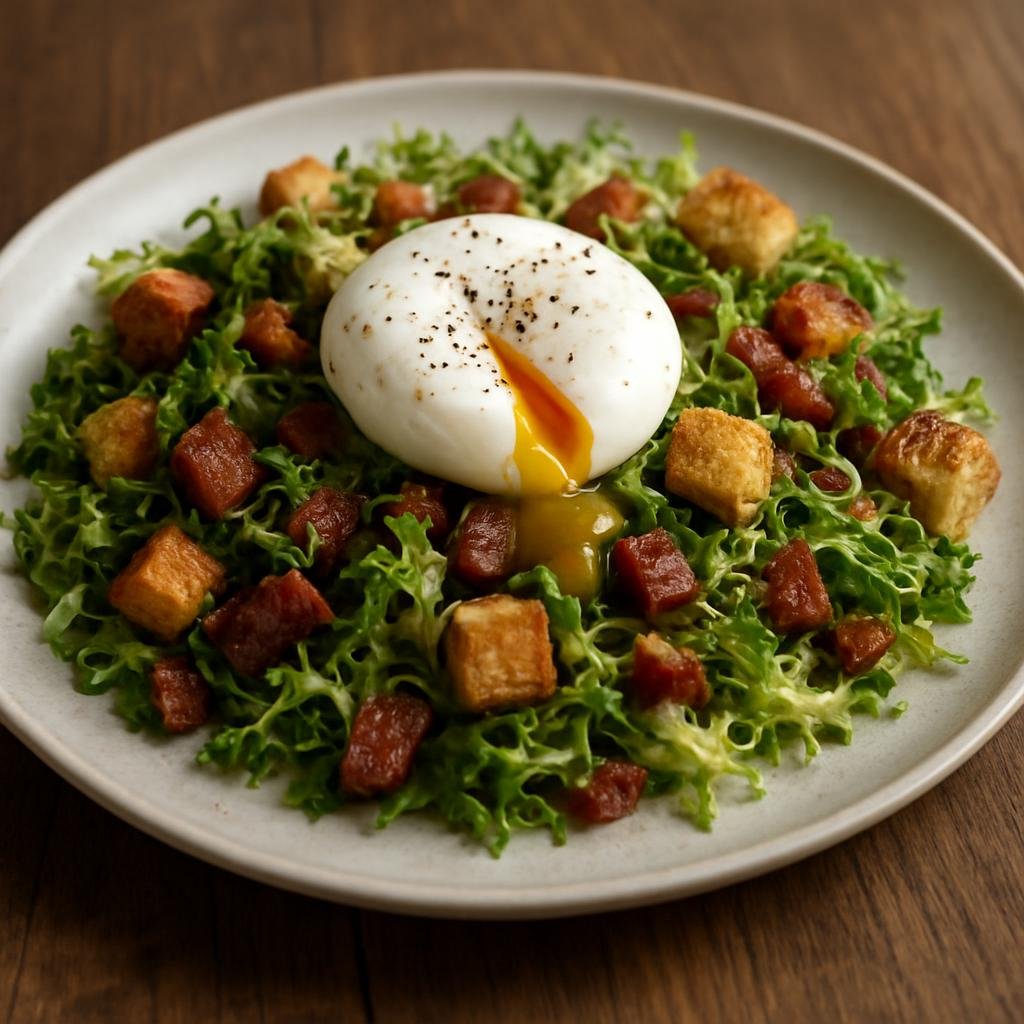 Entree: France – Lyonnais – Salade Lyonnaise (Warm frisée greens tossed with a warm bacon vinaigrette, topped with croutons and a poached egg) recipe